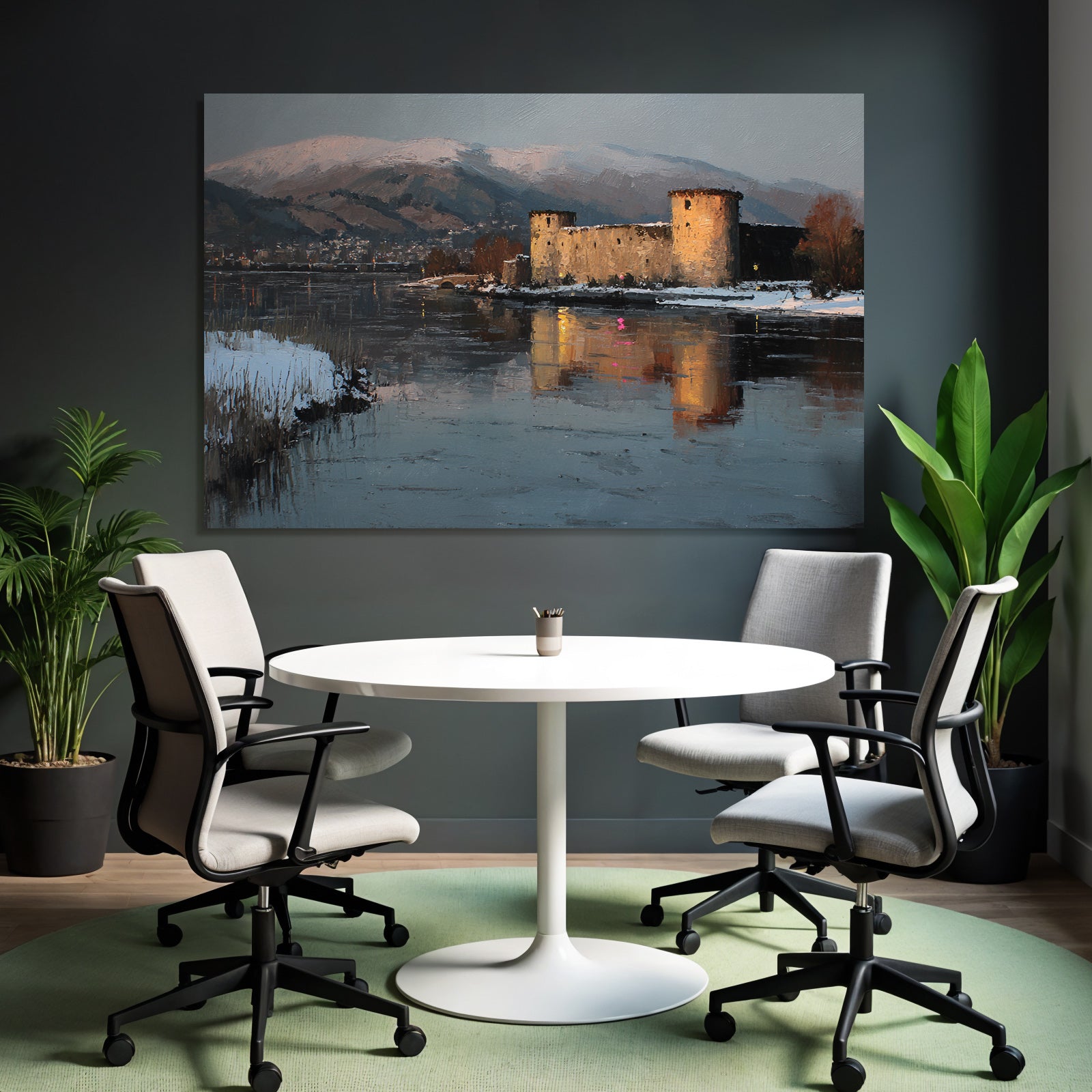 Winterlandschaft Mit Schloss Am Fluss