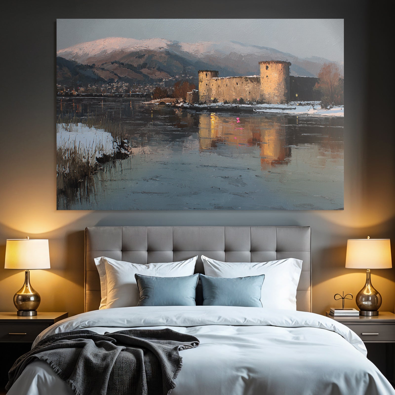 Winterlandschaft Mit Schloss Am Fluss