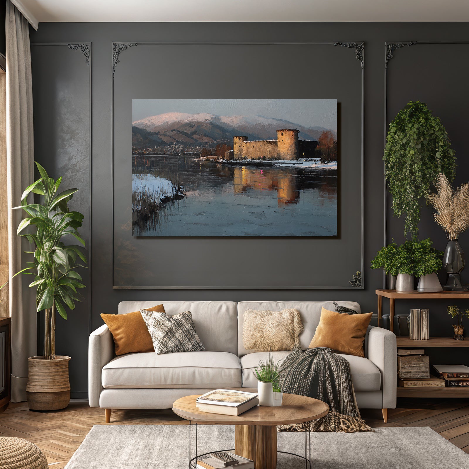 Winterlandschaft Mit Schloss Am Fluss
