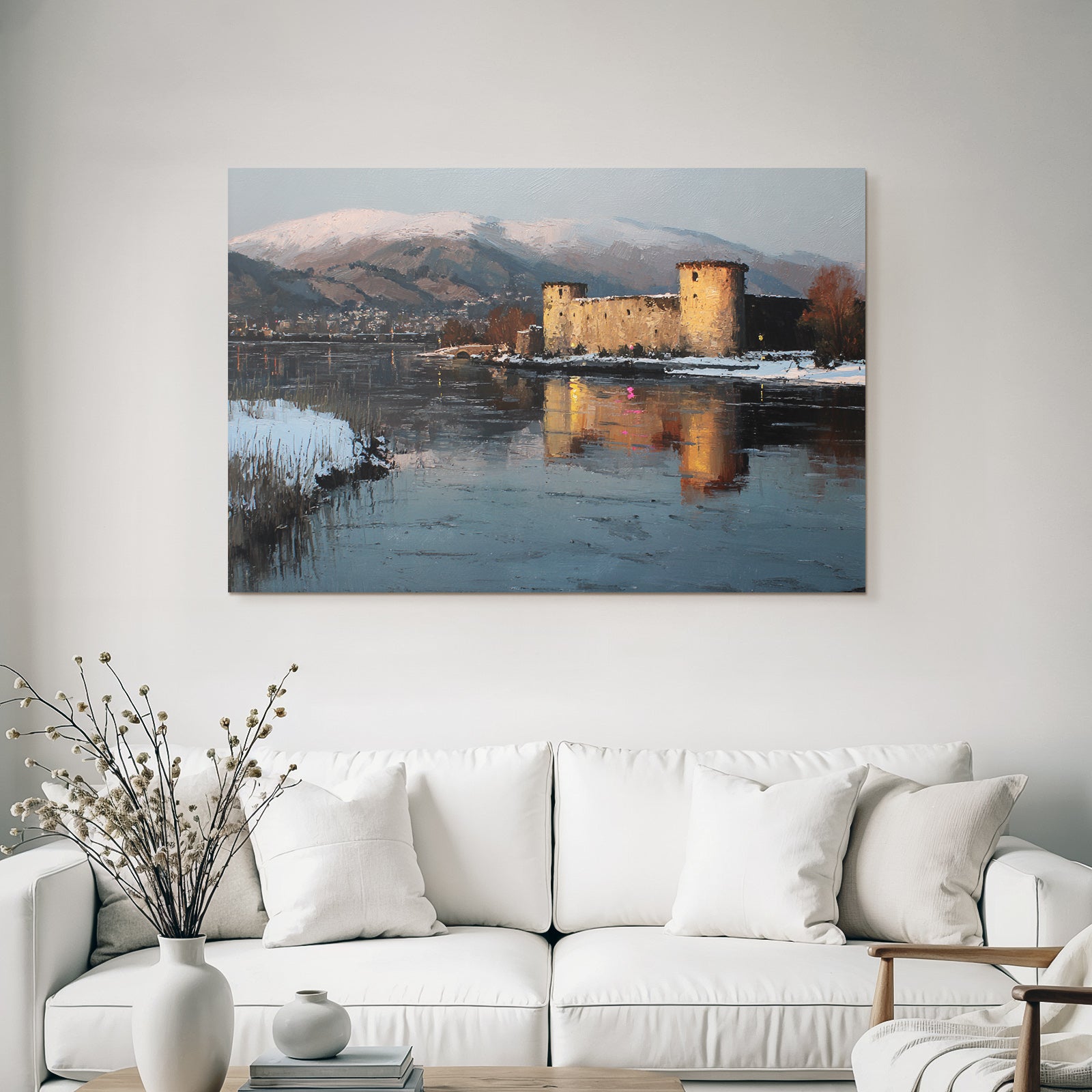 Winterlandschaft Mit Schloss Am Fluss
