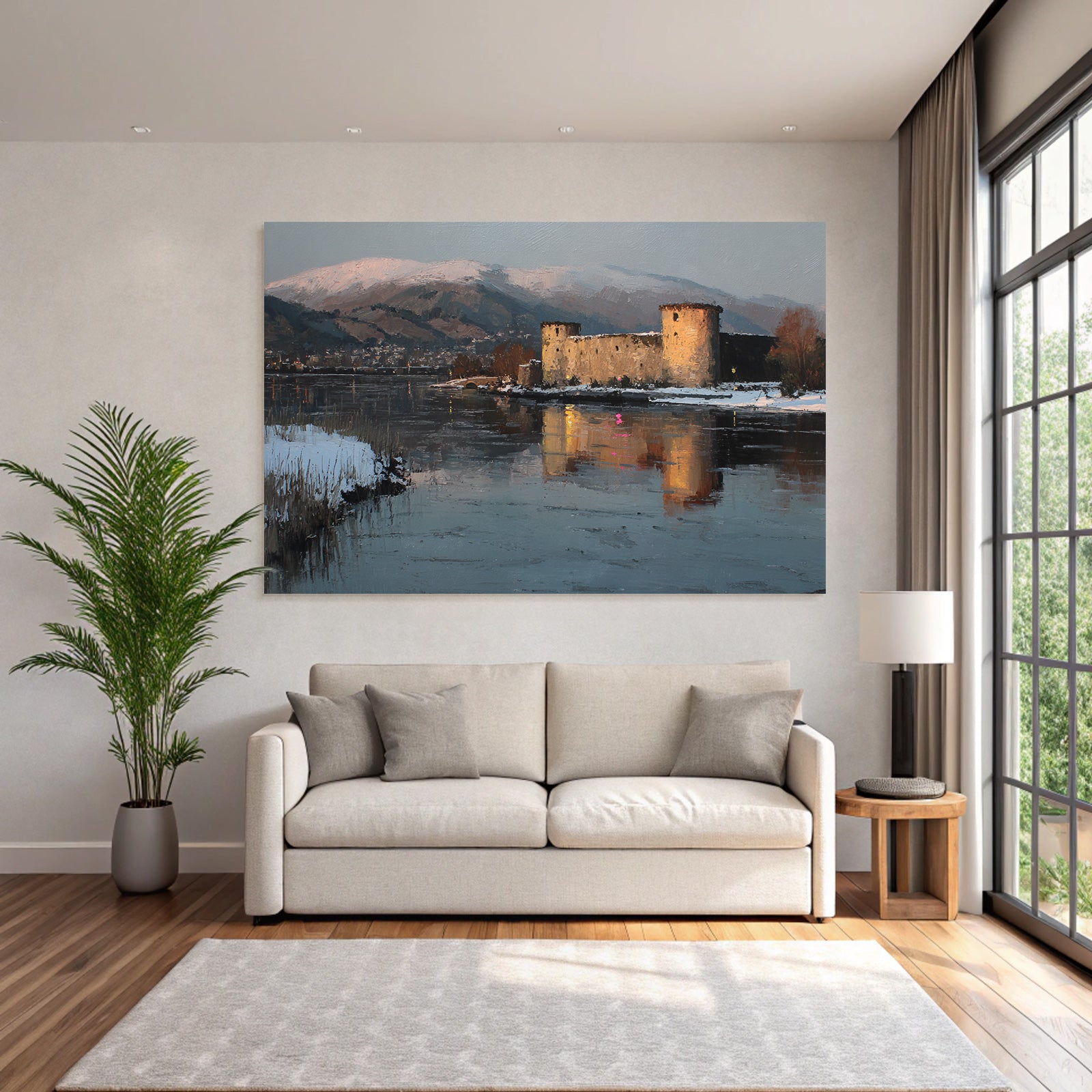 Winterlandschaft Mit Schloss Am Fluss