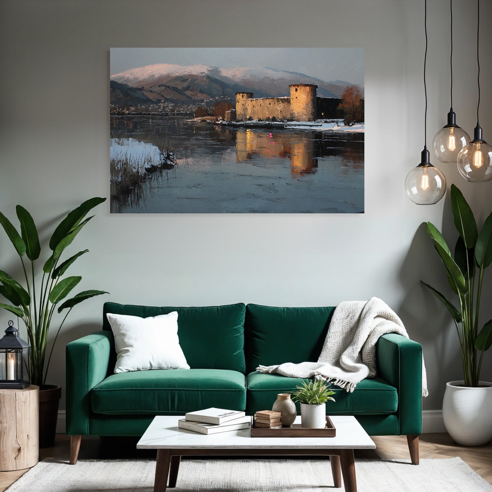 Winterlandschaft Mit Schloss Am Fluss