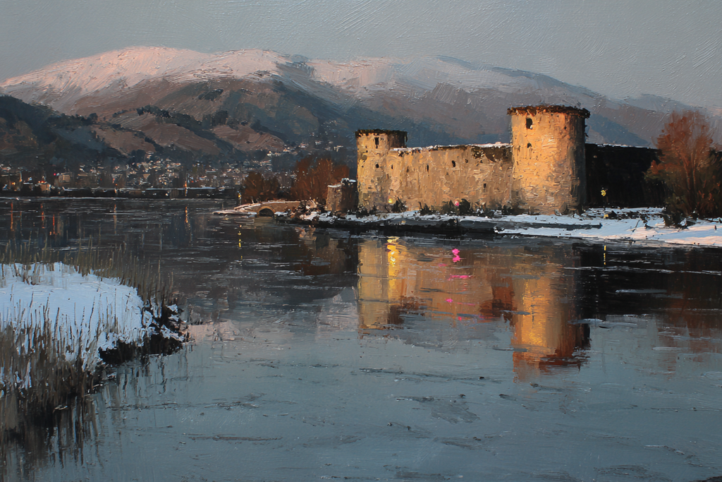 Winterlandschaft Mit Schloss Am Fluss | Eis und Schnee | Natur