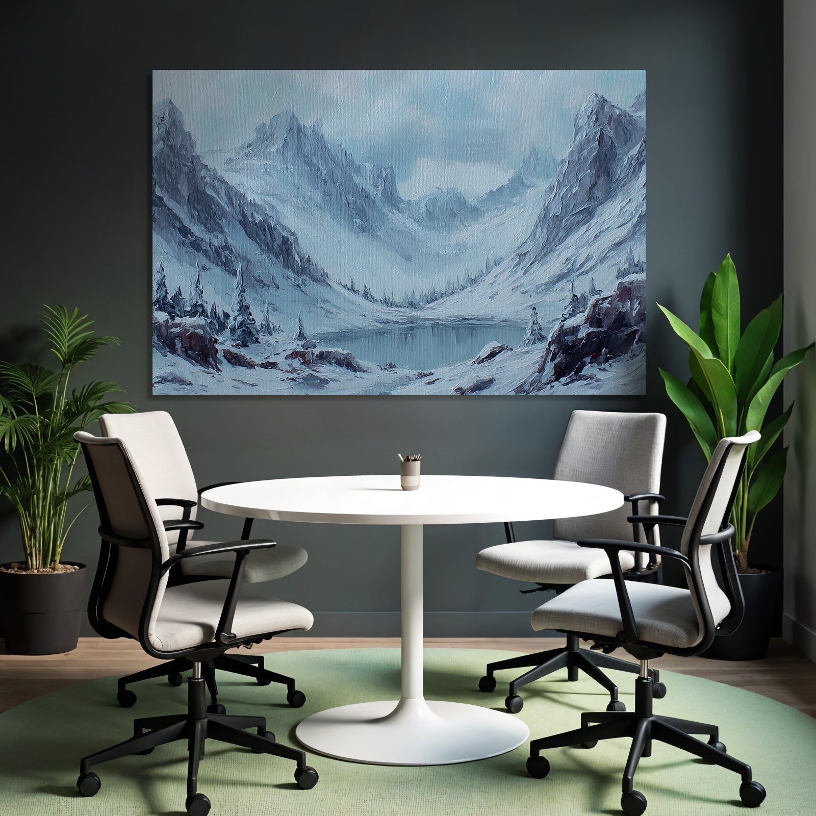 Winterlandschaft Mit Schneebedeckten Bergen Einem Ruhigen See Und Tannenkiefern