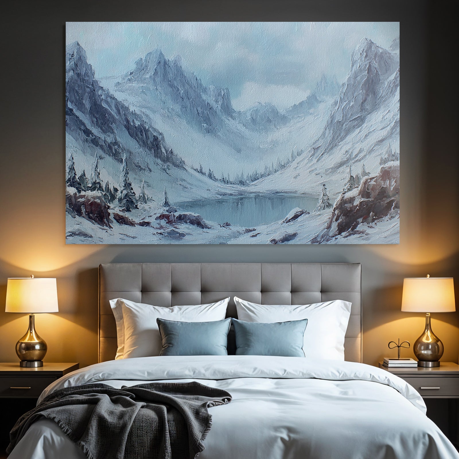 Winterlandschaft Mit Schneebedeckten Bergen Einem Ruhigen See Und Tannenkiefern