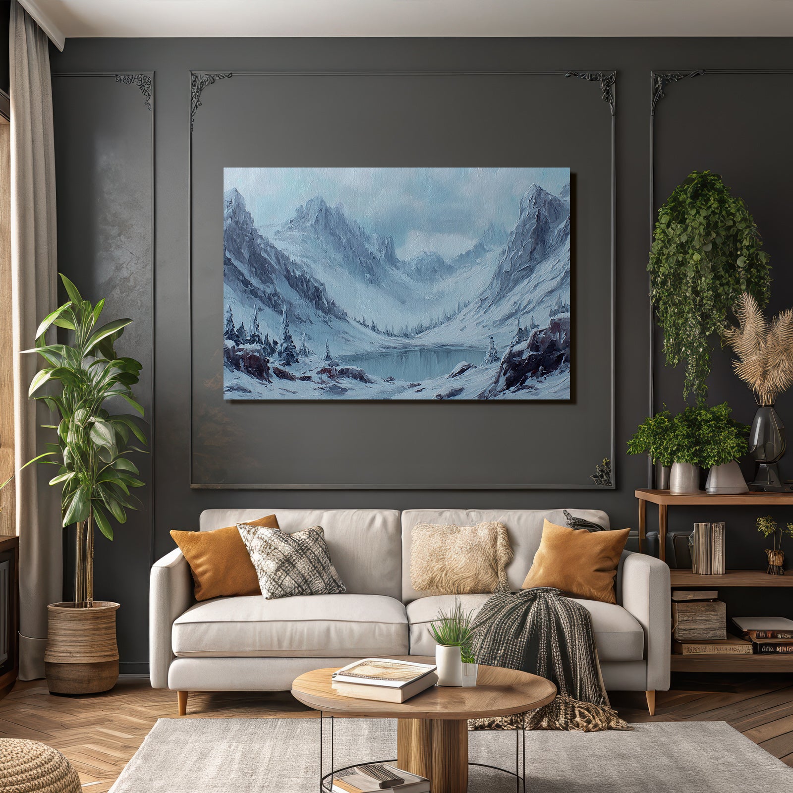 Winterlandschaft Mit Schneebedeckten Bergen Einem Ruhigen See Und Tannenkiefern