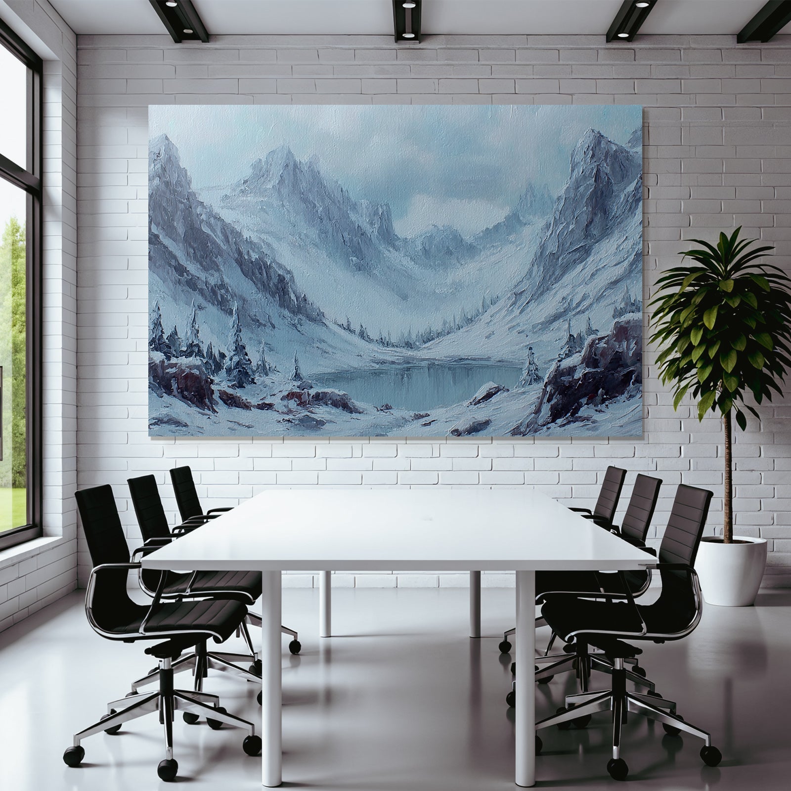 Winterlandschaft Mit Schneebedeckten Bergen Einem Ruhigen See Und Tannenkiefern