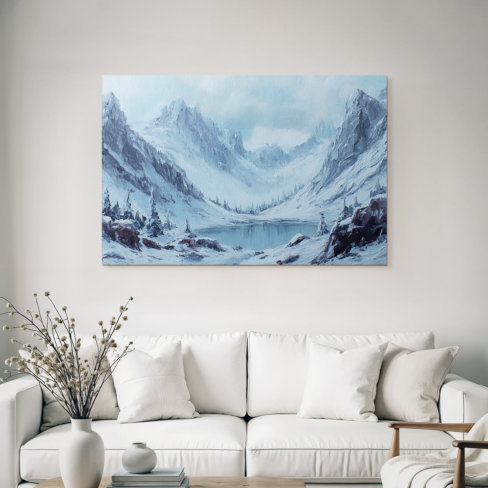 Winterlandschaft Mit Schneebedeckten Bergen Einem Ruhigen See Und Tannenkiefern