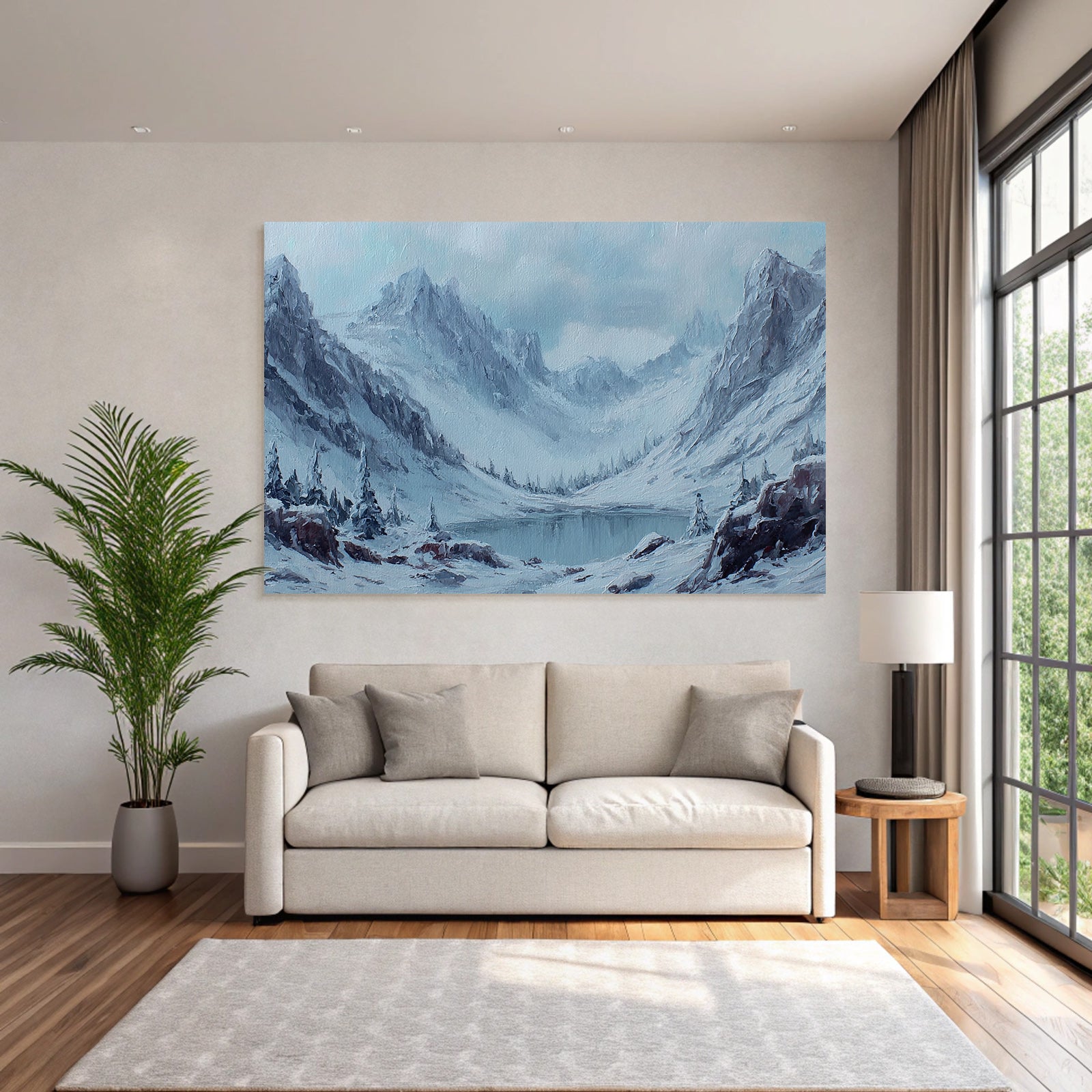 Winterlandschaft Mit Schneebedeckten Bergen Einem Ruhigen See Und Tannenkiefern