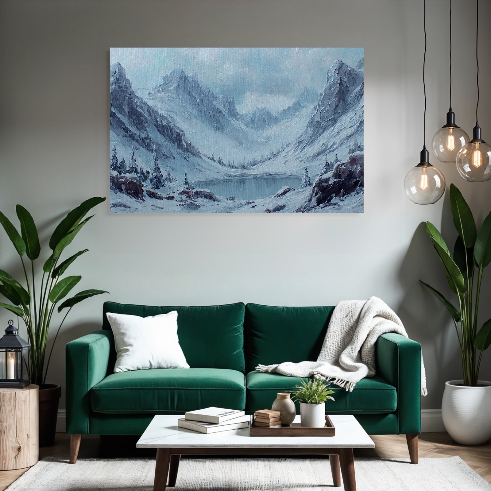 Winterlandschaft Mit Schneebedeckten Bergen Einem Ruhigen See Und Tannenkiefern