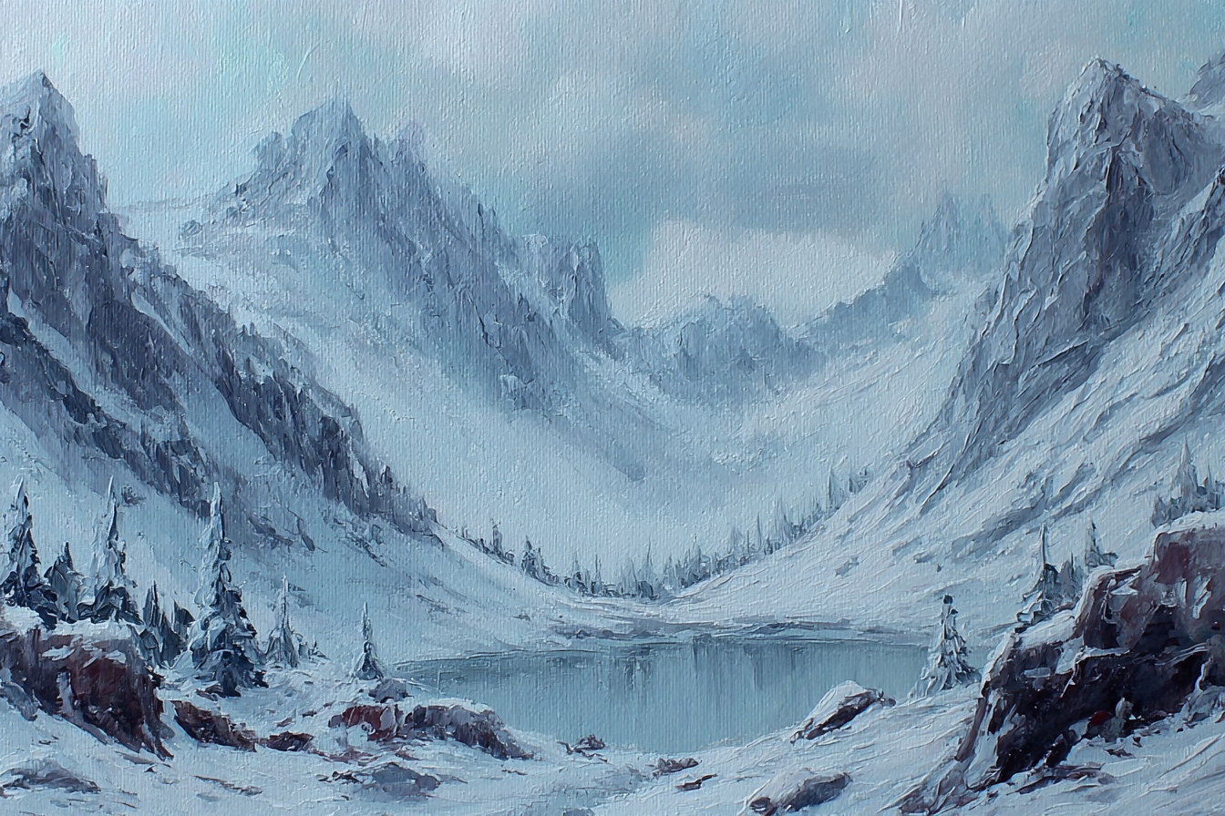Winterlandschaft Mit Schneebedeckten Bergen Einem Ruhigen See Und Tannenkiefern | Eis und Schnee | Natur