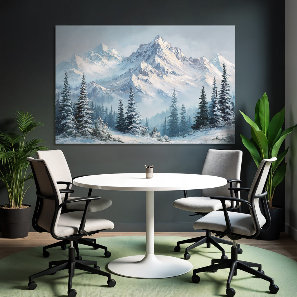 Winterlandschaft Mit Schneebedeckten Bergen Und Immergrünen Nadelbäumen