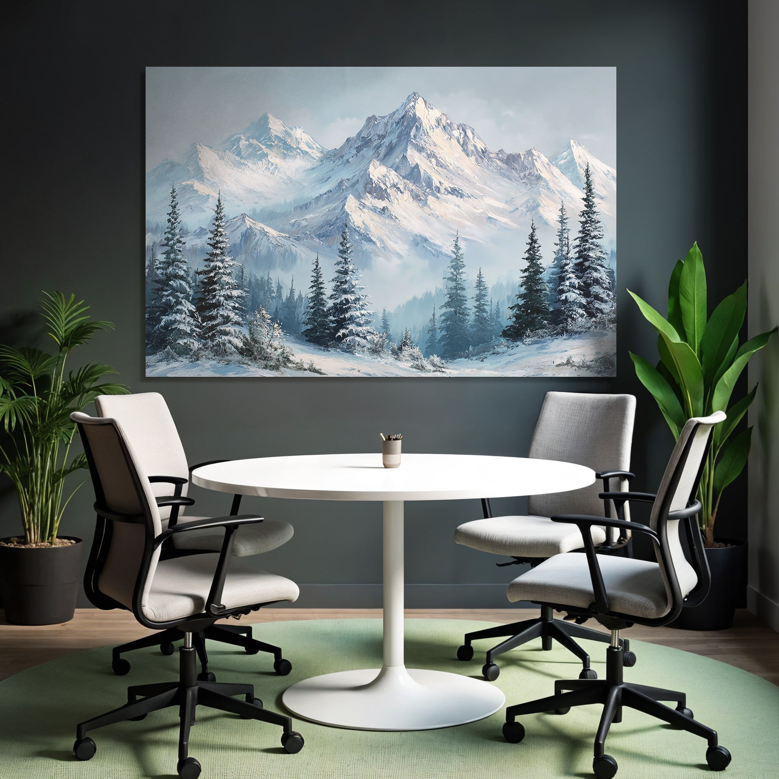 Winterlandschaft Mit Schneebedeckten Bergen Und Immergrünen Nadelbäumen