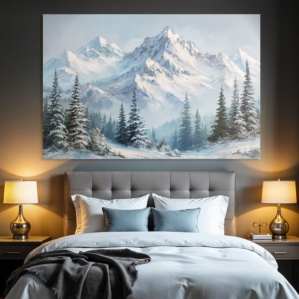 Winterlandschaft Mit Schneebedeckten Bergen Und Immergrünen Nadelbäumen