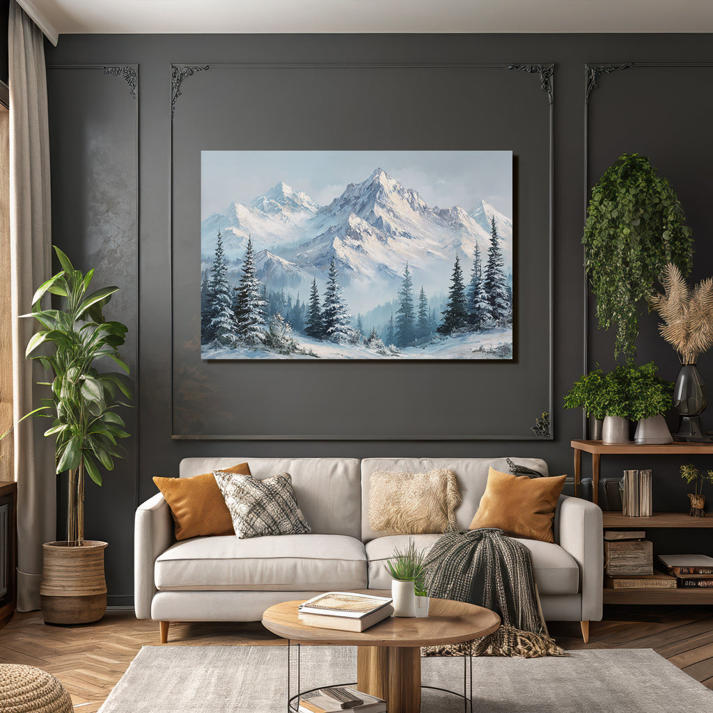 Winterlandschaft Mit Schneebedeckten Bergen Und Immergrünen Nadelbäumen