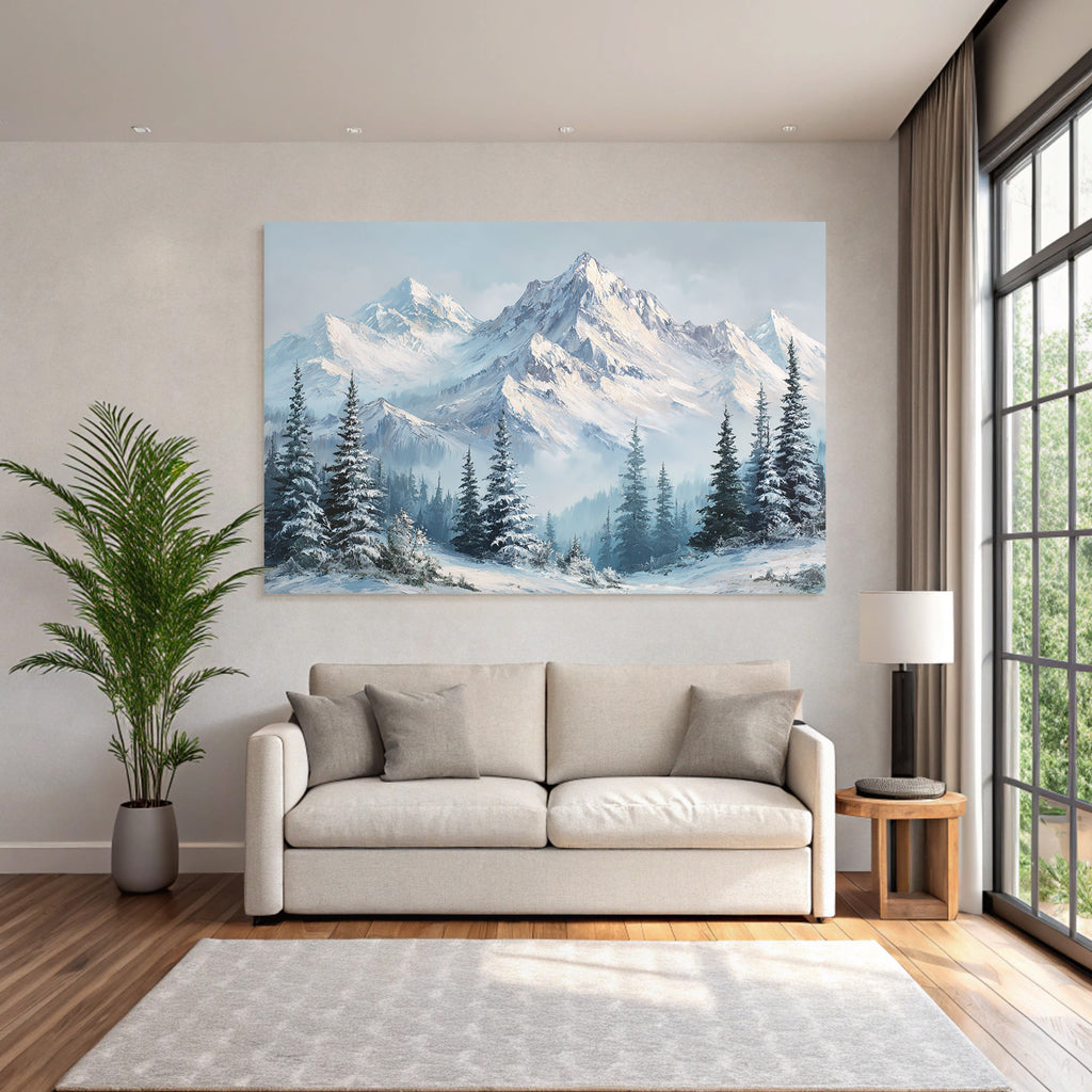 Winterlandschaft Mit Schneebedeckten Bergen Und Immergrünen Nadelbäumen