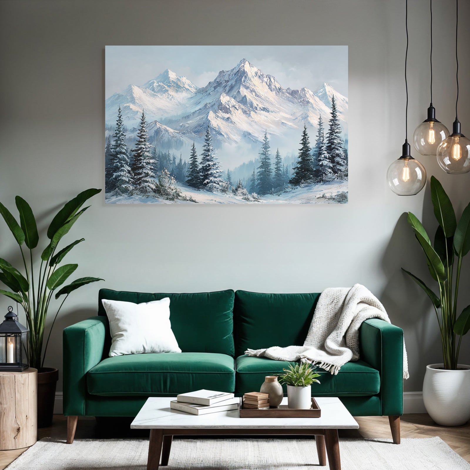 Winterlandschaft Mit Schneebedeckten Bergen Und Immergrünen Nadelbäumen