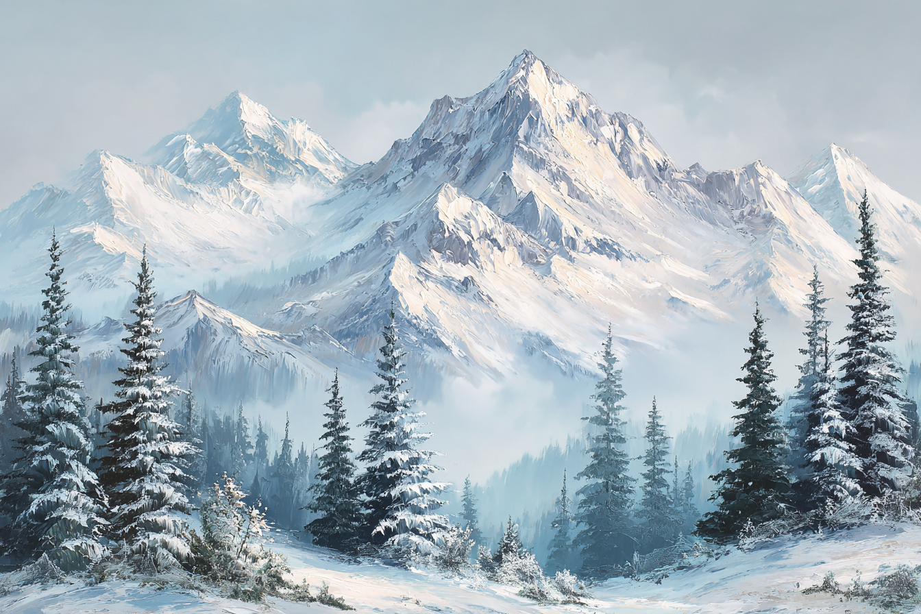 Winterlandschaft Mit Schneebedeckten Bergen Und Immergrünen Nadelbäumen | Eis und Schnee | Natur