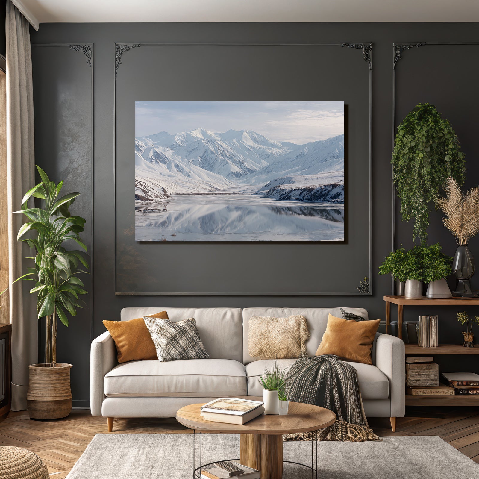 Winterlandschaft Mit Schneebedeckten Bergen Und Spiegelung Im Stillen Wasser