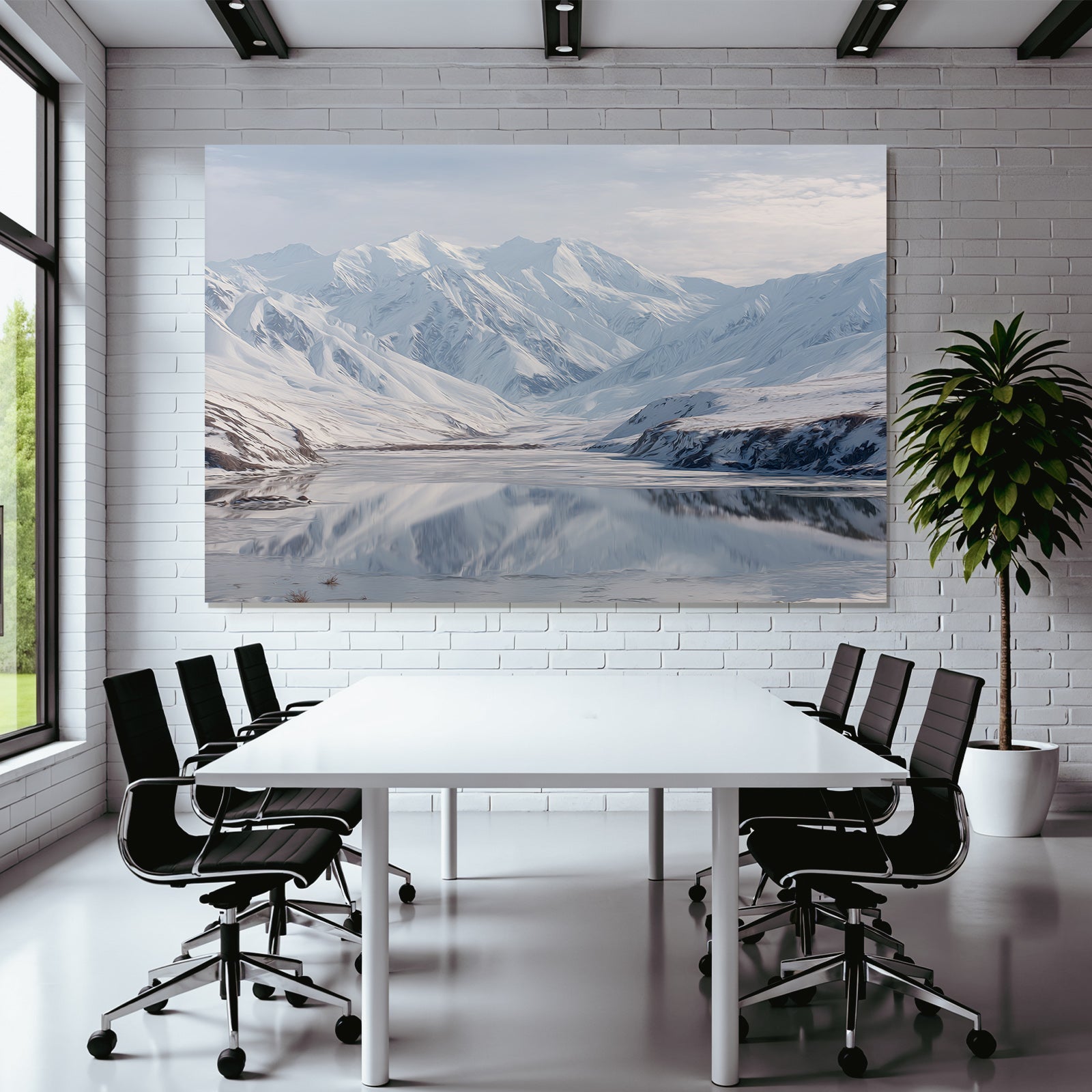 Winterlandschaft Mit Schneebedeckten Bergen Und Spiegelung Im Stillen Wasser
