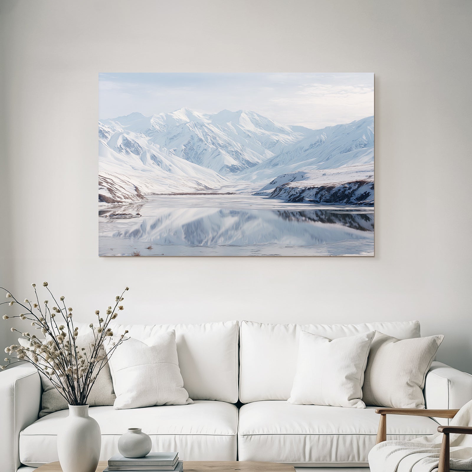 Winterlandschaft Mit Schneebedeckten Bergen Und Spiegelung Im Stillen Wasser