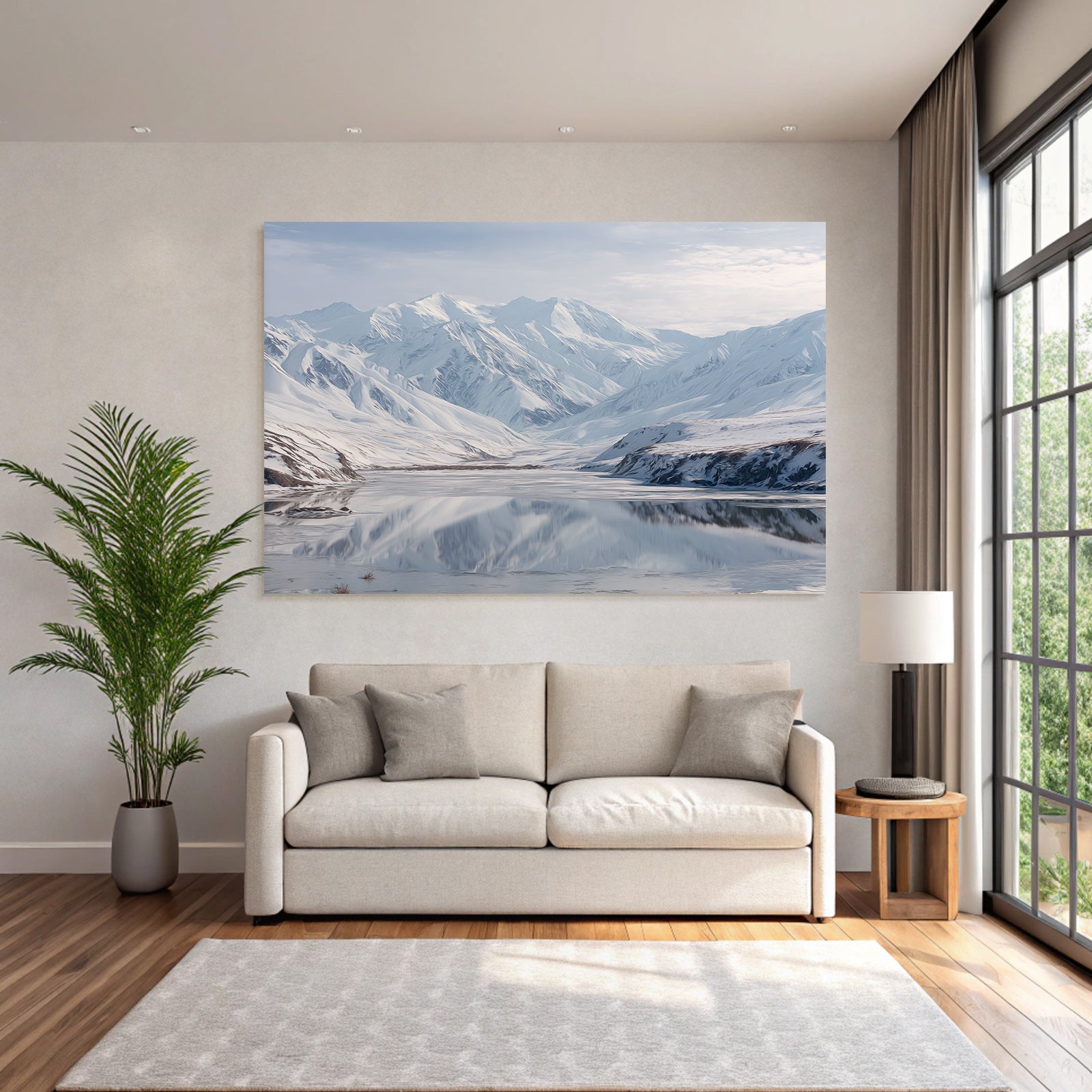 Winterlandschaft Mit Schneebedeckten Bergen Und Spiegelung Im Stillen Wasser