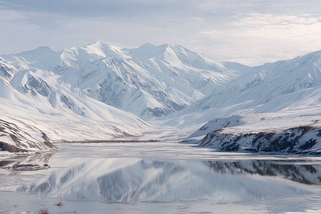 Winterlandschaft Mit Schneebedeckten Bergen Und Spiegelung Im Stillen Wasser | Eis und Schnee | Natur