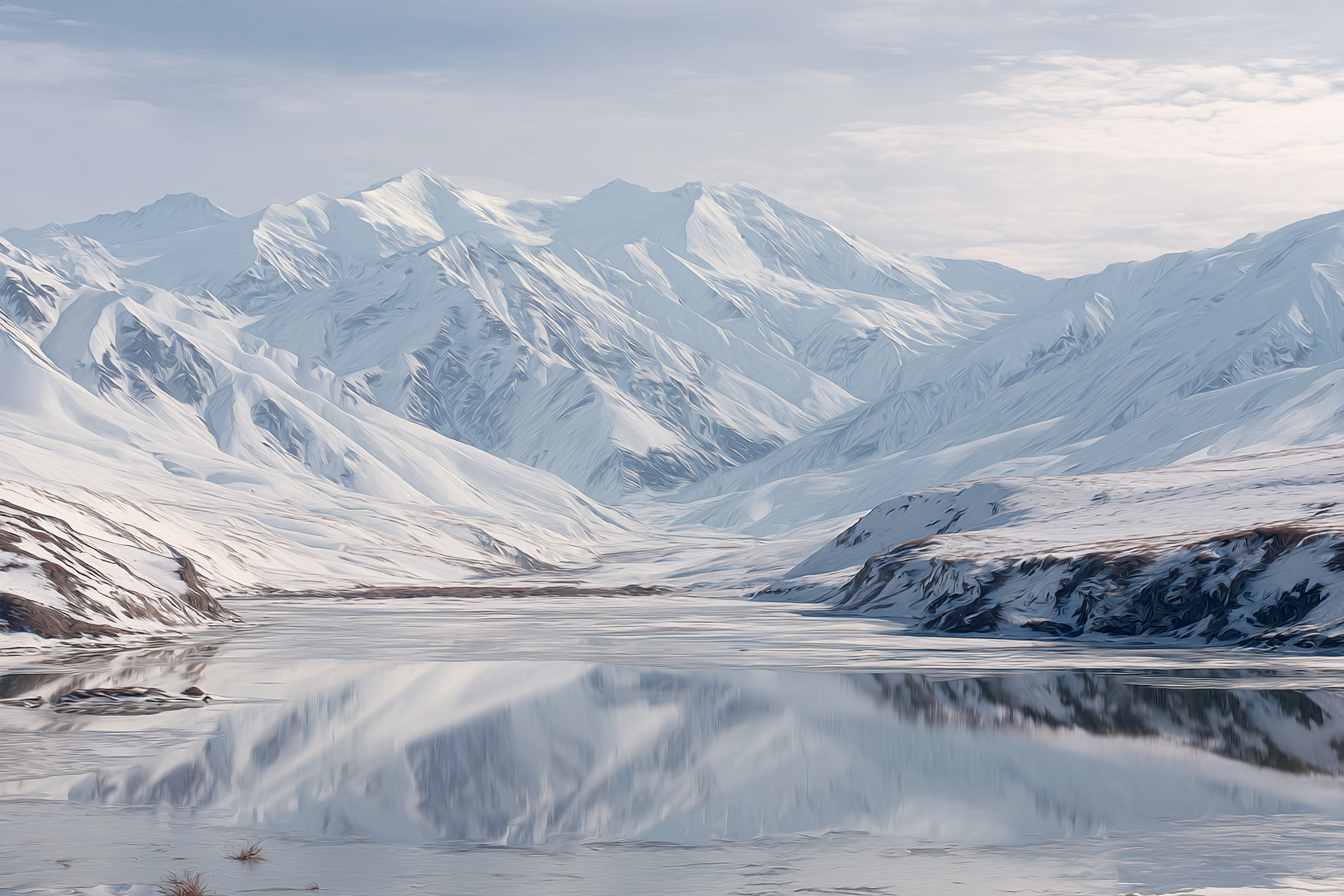 Winterlandschaft Mit Schneebedeckten Bergen Und Spiegelung Im Stillen Wasser | Eis und Schnee | Natur