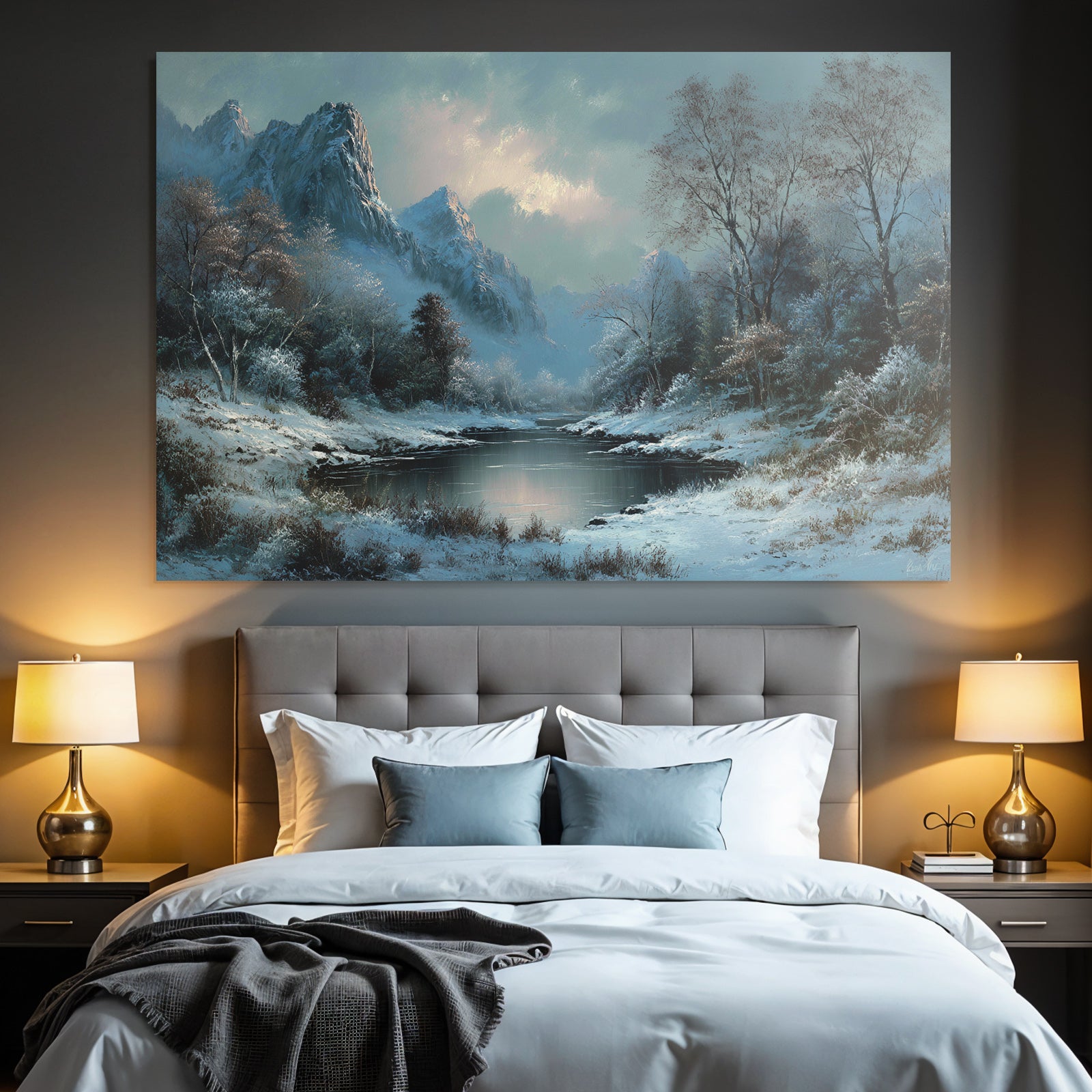 Winterlandschaft Mit Verschneiten Bergen Einem Ruhigen Fluss Und Frostigen Bäumen
