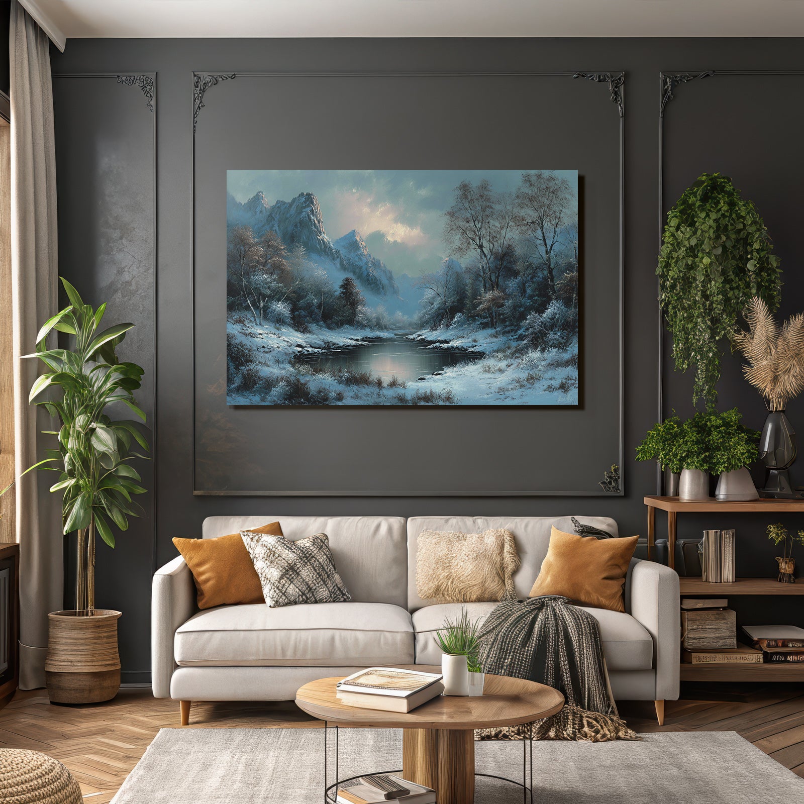 Winterlandschaft Mit Verschneiten Bergen Einem Ruhigen Fluss Und Frostigen Bäumen