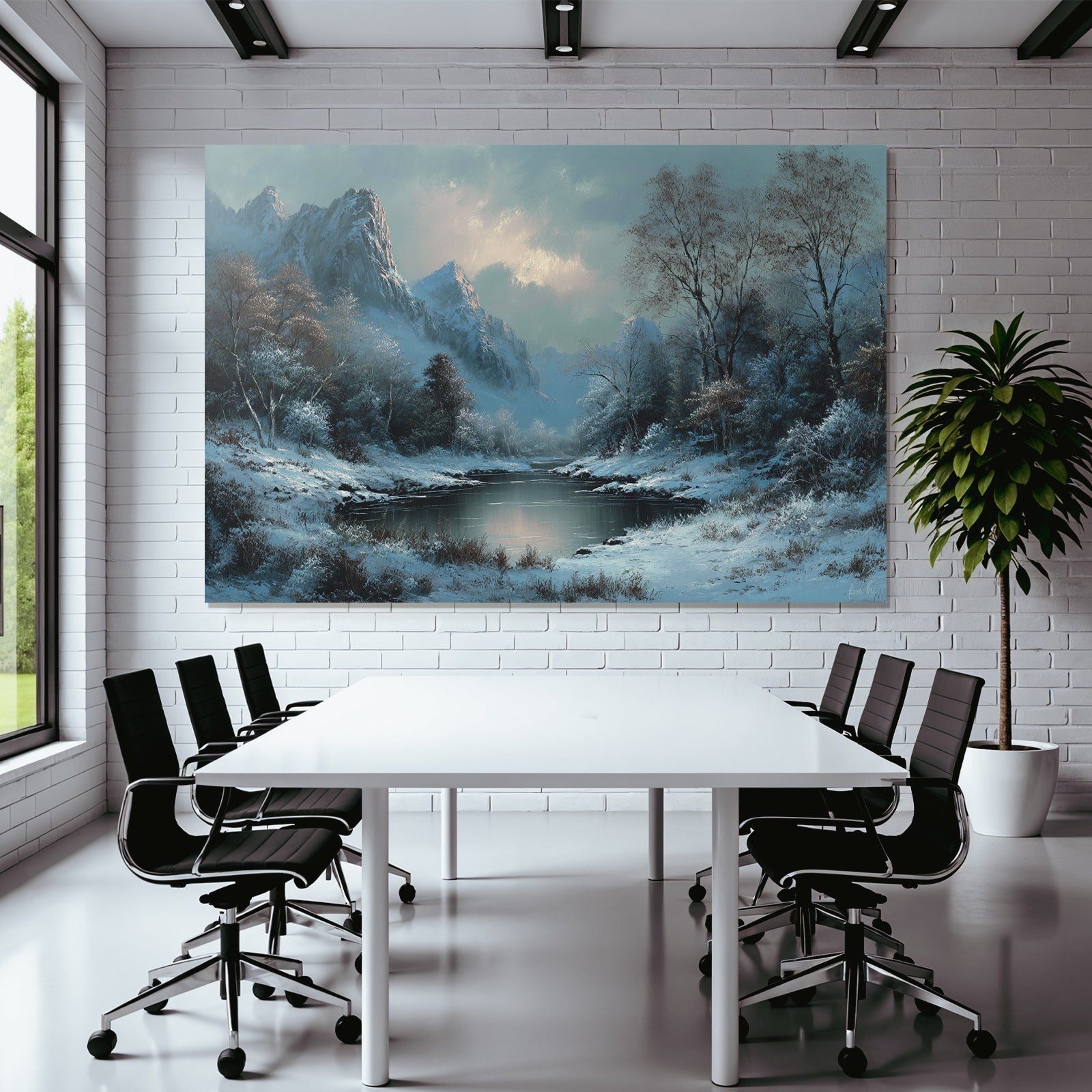 Winterlandschaft Mit Verschneiten Bergen Einem Ruhigen Fluss Und Frostigen Bäumen