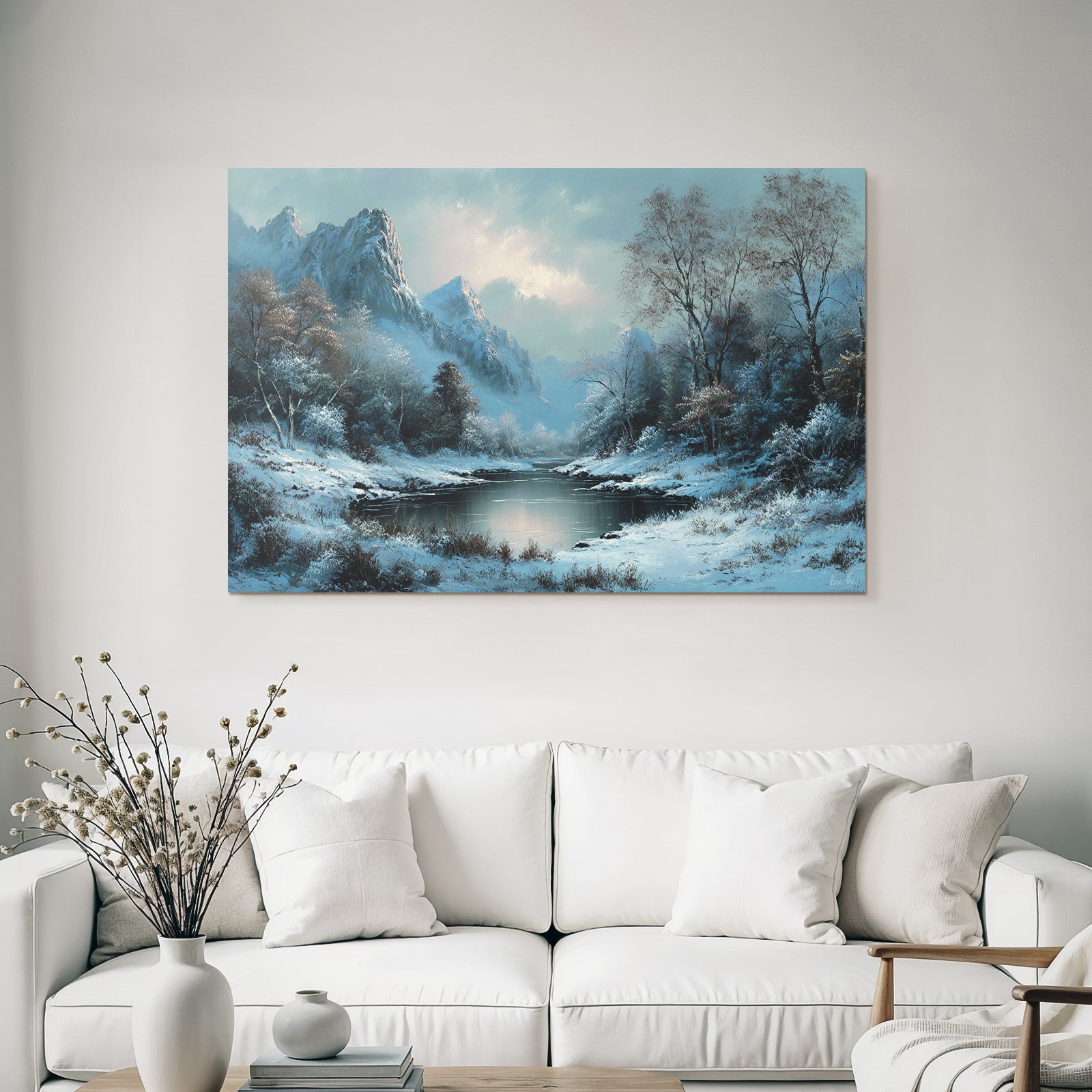 Winterlandschaft Mit Verschneiten Bergen Einem Ruhigen Fluss Und Frostigen Bäumen