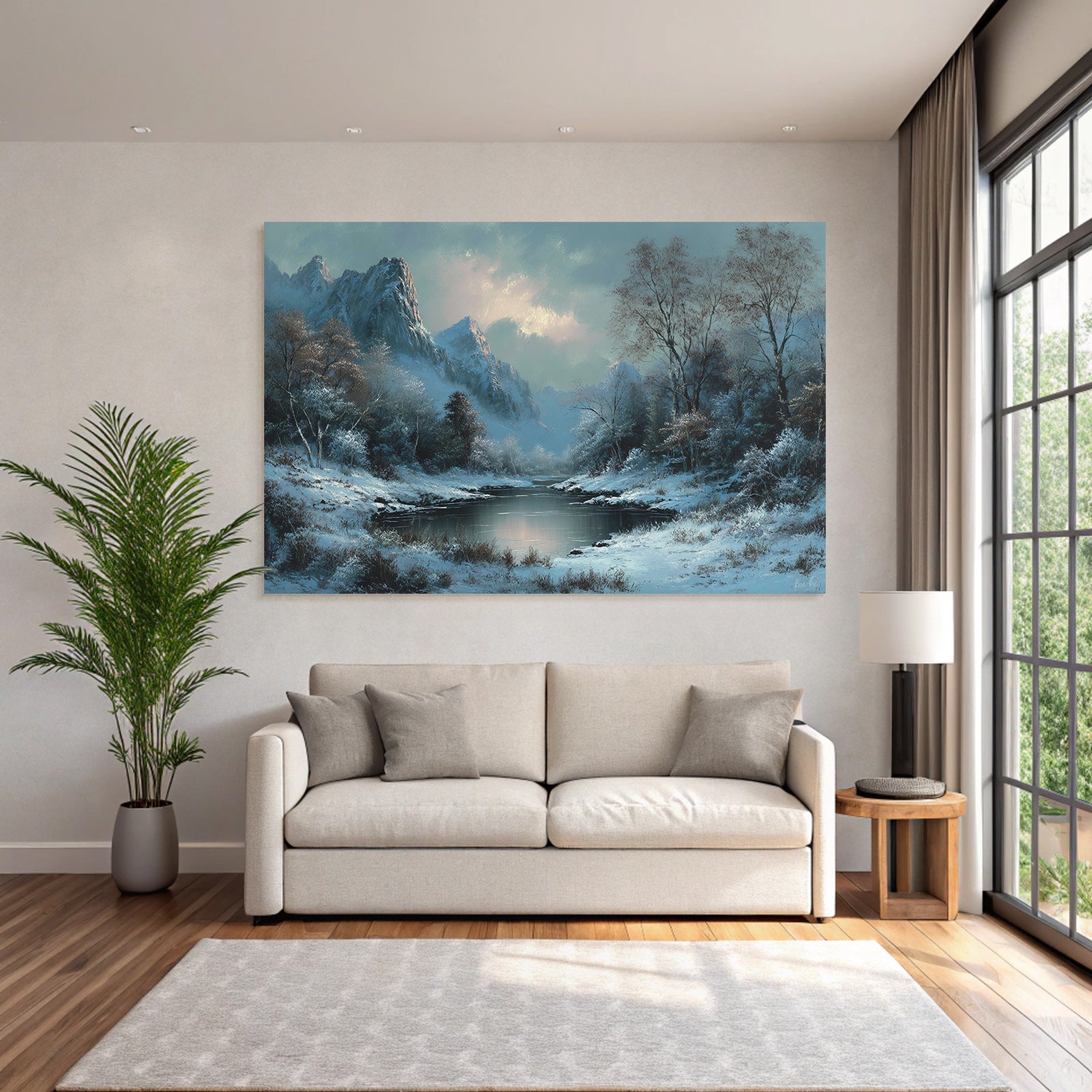 Winterlandschaft Mit Verschneiten Bergen Einem Ruhigen Fluss Und Frostigen Bäumen