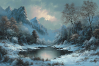 Winterlandschaft Mit Verschneiten Bergen Einem Ruhigen Fluss Und Frostigen Bäumen | Eis und Schnee | Natur