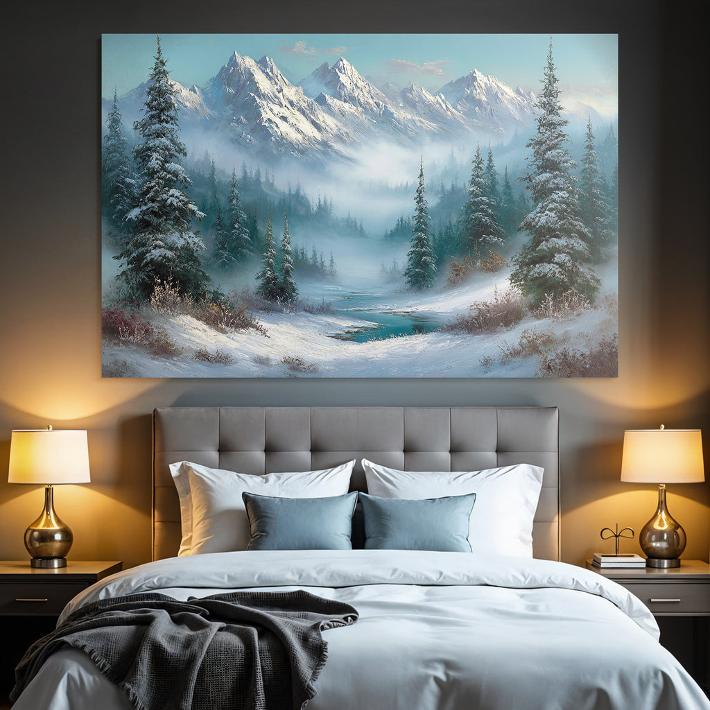 Winterlandschaft Mit Verschneiten Bergen Immergrünen Bäumen Und Einem Vereisten Fluss