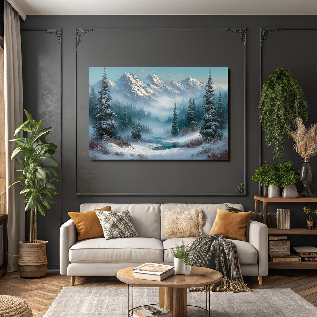 Winterlandschaft Mit Verschneiten Bergen Immergrünen Bäumen Und Einem Vereisten Fluss