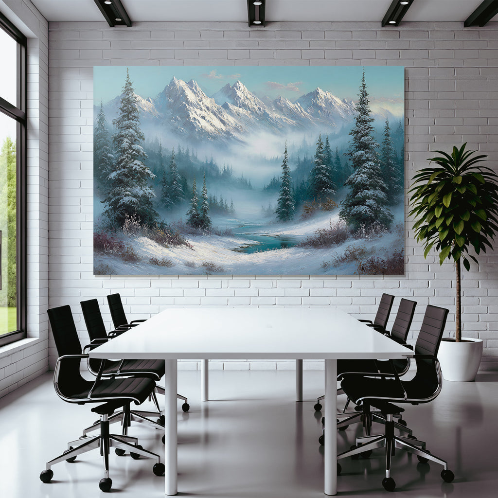 Winterlandschaft Mit Verschneiten Bergen Immergrünen Bäumen Und Einem Vereisten Fluss