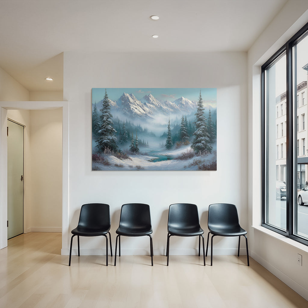 Winterlandschaft Mit Verschneiten Bergen Immergrünen Bäumen Und Einem Vereisten Fluss