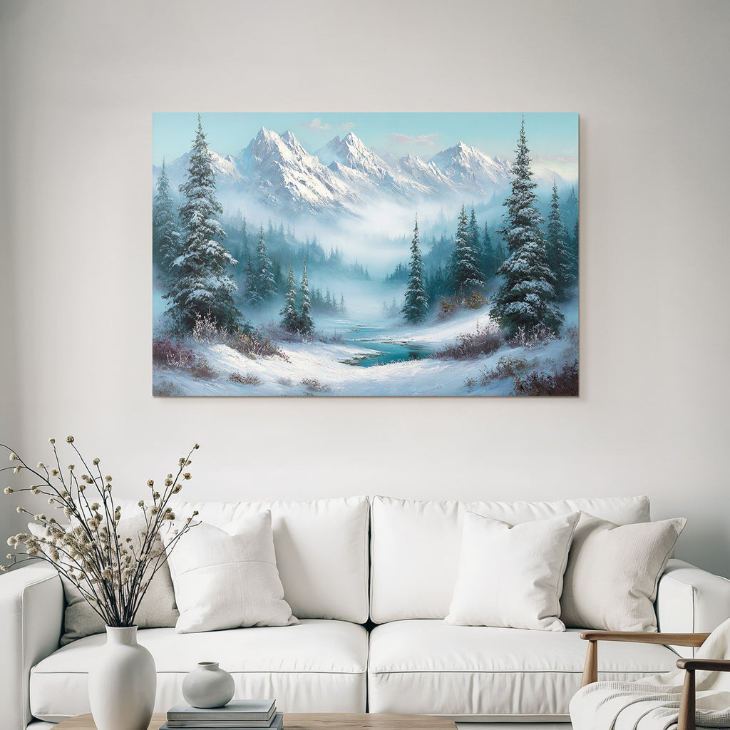 Winterlandschaft Mit Verschneiten Bergen Immergrünen Bäumen Und Einem Vereisten Fluss