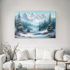 Winterlandschaft Mit Verschneiten Bergen Immergrünen Bäumen Und Einem Vereisten Fluss