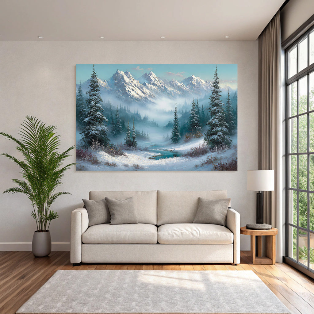 Winterlandschaft Mit Verschneiten Bergen Immergrünen Bäumen Und Einem Vereisten Fluss