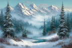 Winterlandschaft Mit Verschneiten Bergen Immergrünen Bäumen Und Einem Vereisten Fluss | Eis und Schnee | Natur
