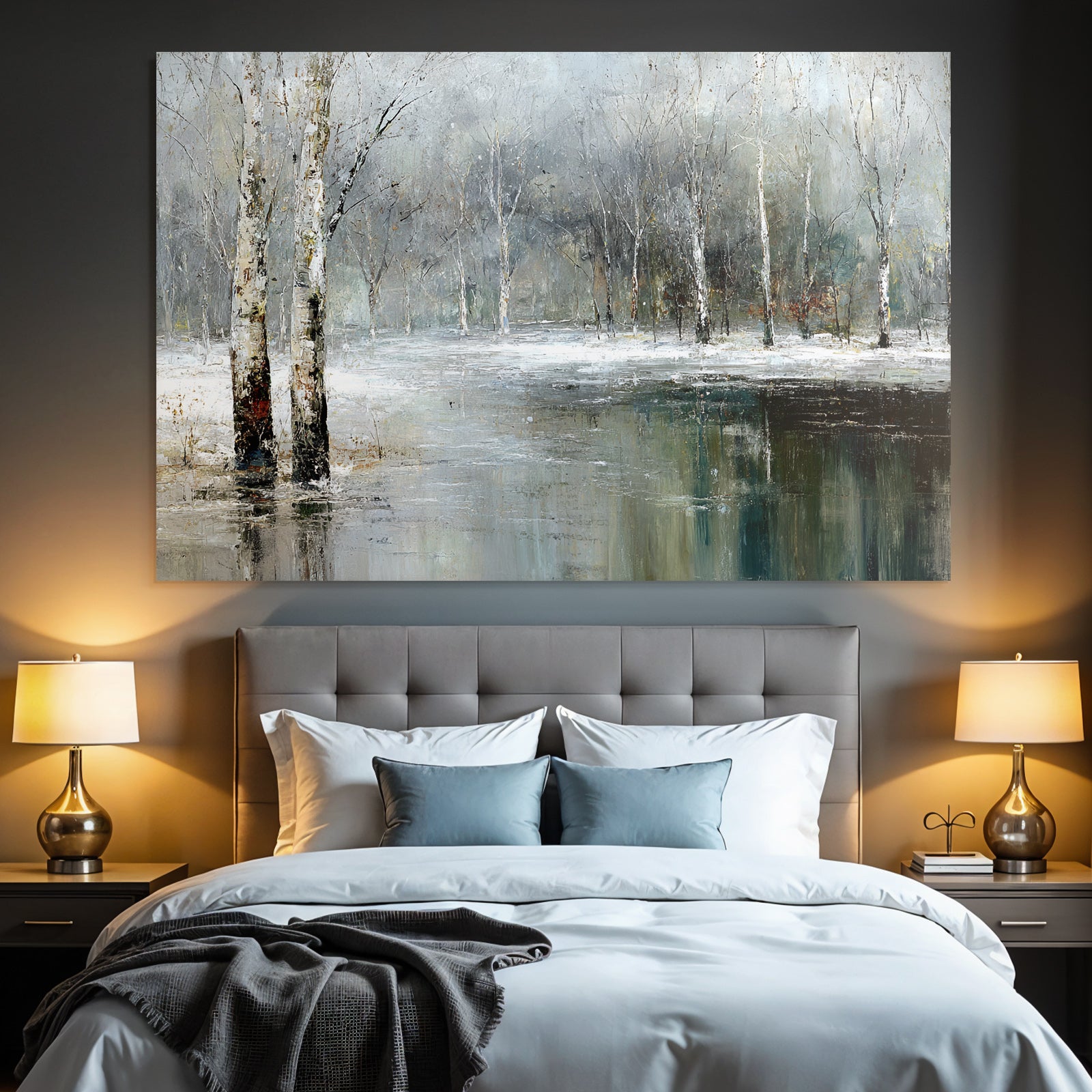 Winterlandschaft Mit Weissen Birken Und Spiegelung Im Wasser