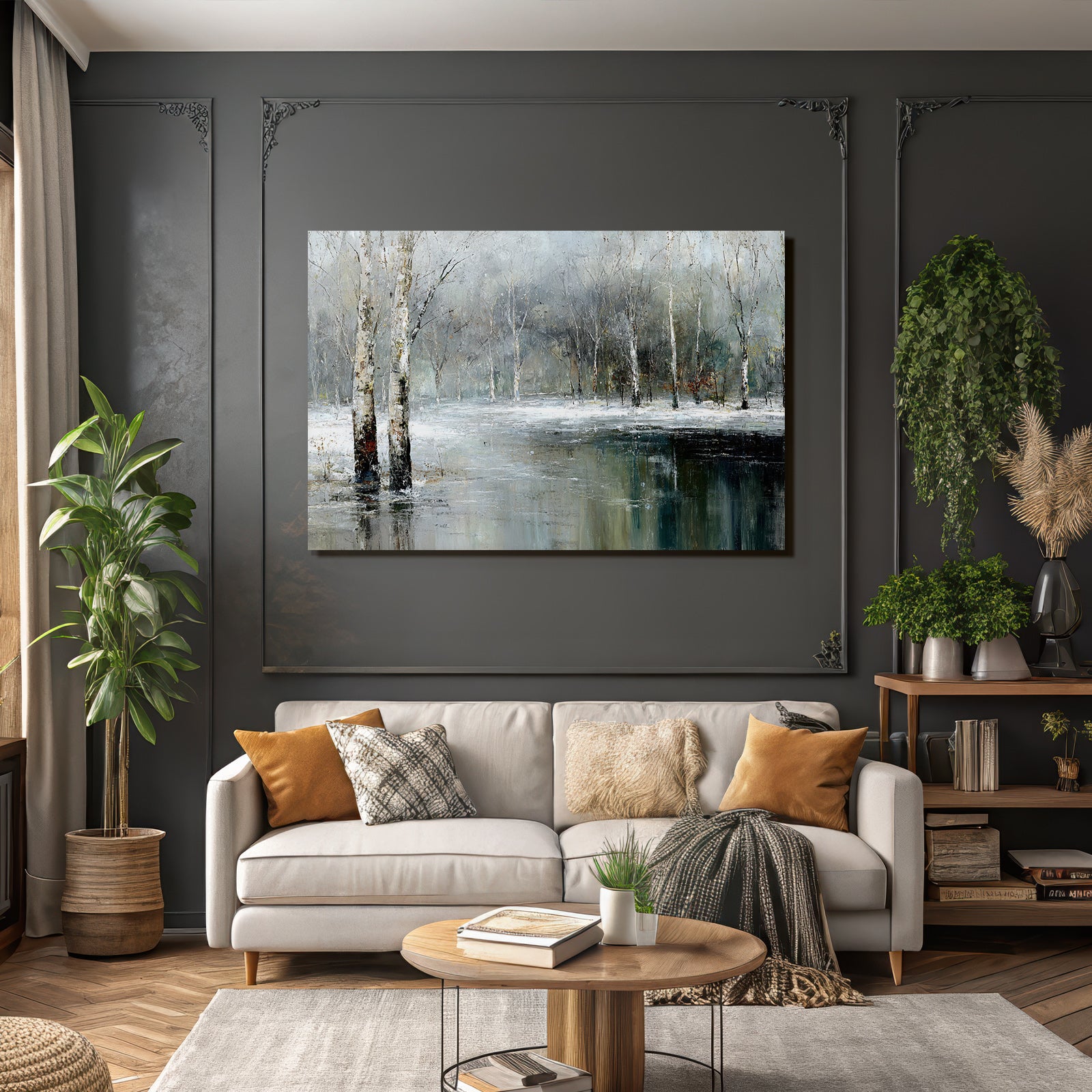 Winterlandschaft Mit Weissen Birken Und Spiegelung Im Wasser