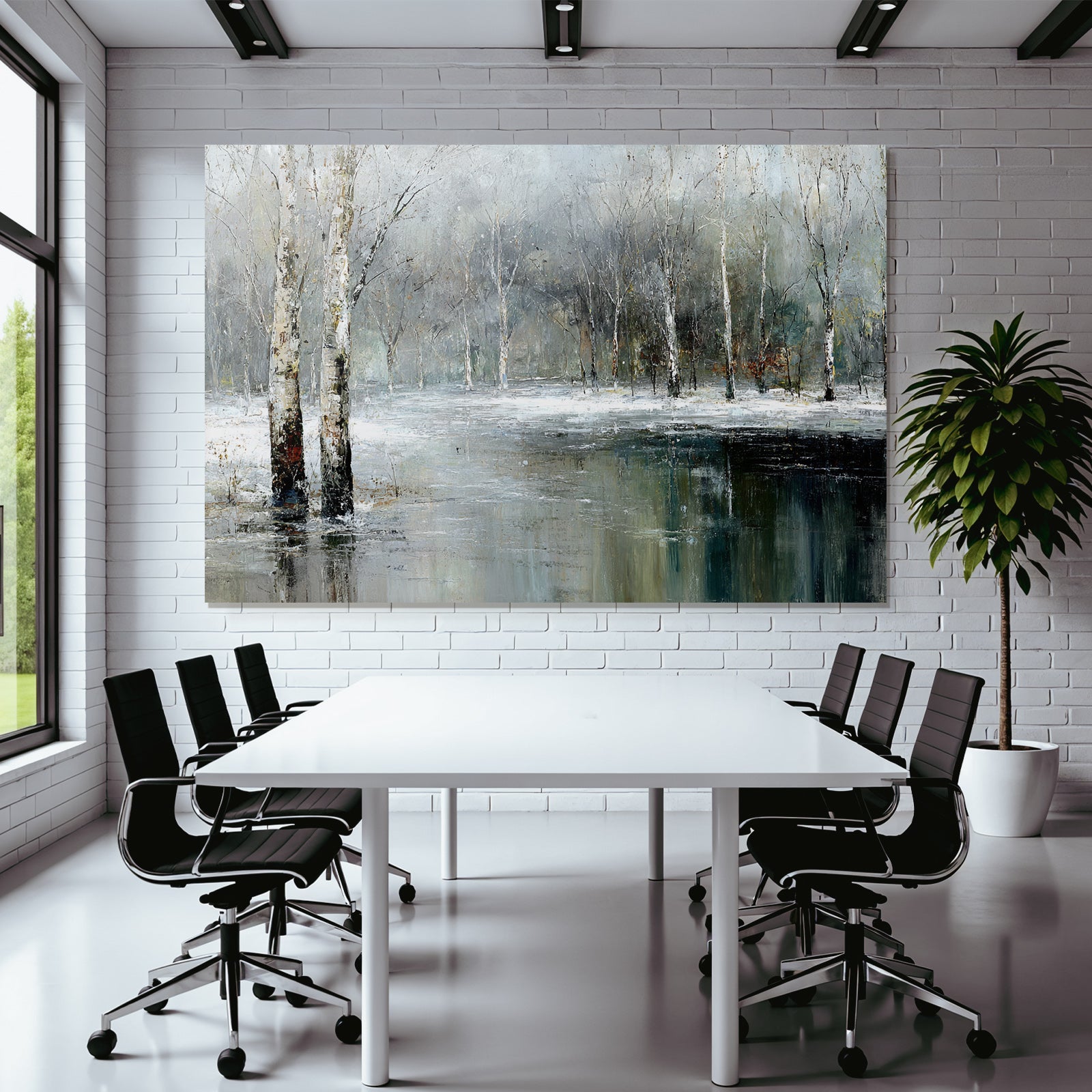 Winterlandschaft Mit Weissen Birken Und Spiegelung Im Wasser
