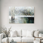 Winterlandschaft Mit Weissen Birken Und Spiegelung Im Wasser