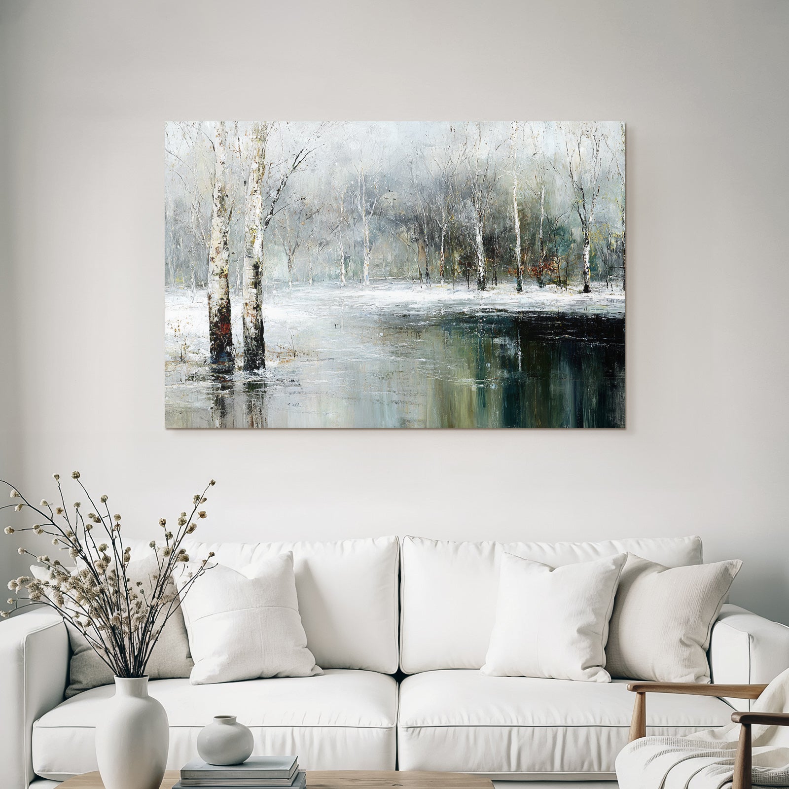 Winterlandschaft Mit Weissen Birken Und Spiegelung Im Wasser