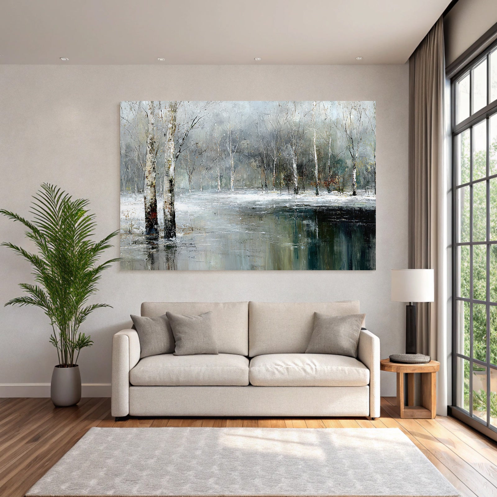 Winterlandschaft Mit Weissen Birken Und Spiegelung Im Wasser