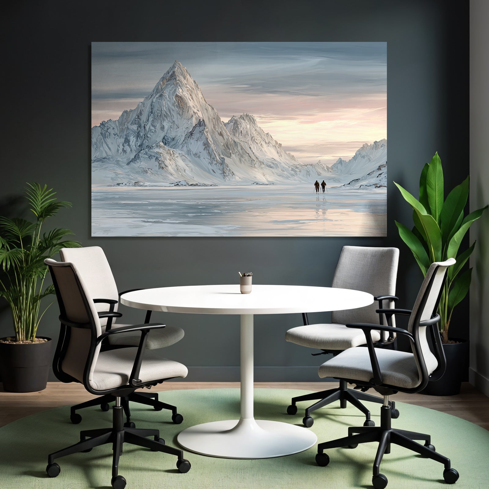 Winterlandschaft Mit Zwei Personen Auf Gefrorenem See Vor Verschneiten Bergen