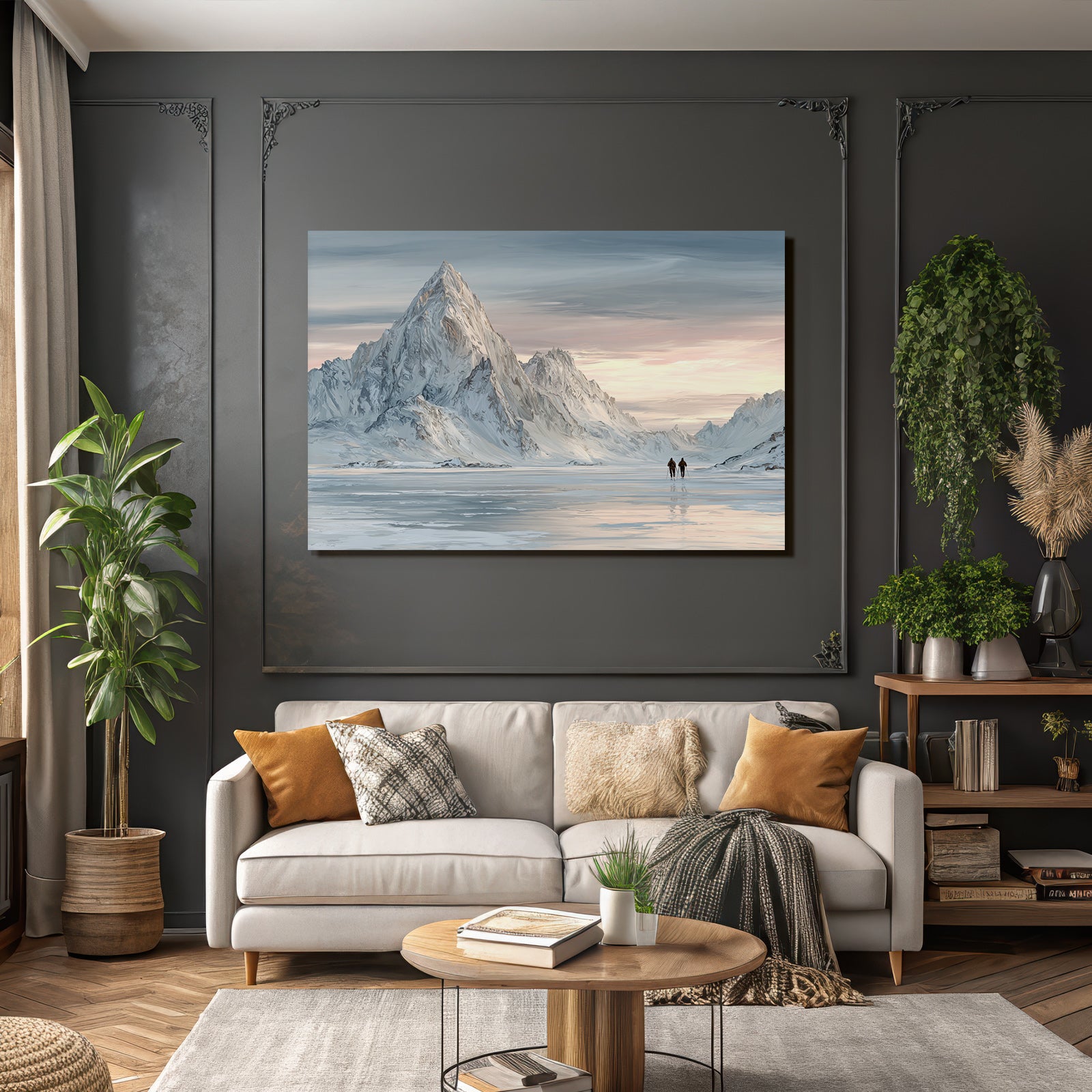 Winterlandschaft Mit Zwei Personen Auf Gefrorenem See Vor Verschneiten Bergen